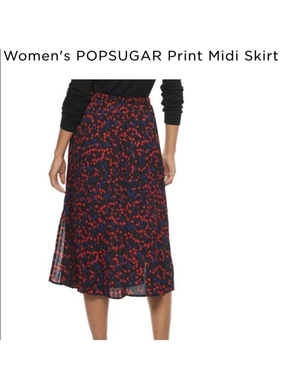 POPSUGAR Cherry Print Pleated Midi Skirt Black Red Blue XXL NWT
